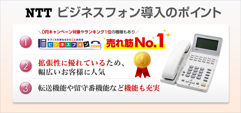 NTTビジネスフォン導入のポイント1ビジフォン.com売れ筋No.1 2拡張性に優れているため、幅広いお客様に人気 3転送機能や留守番機能など機能も充実